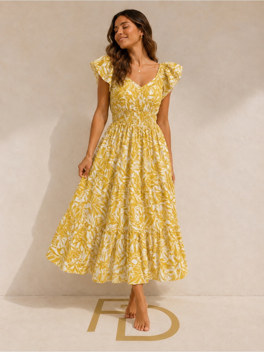 Fred David Yellow and White Floral Midi Dress